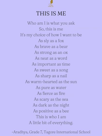 "Who am I?" It is a question we should all ask ourselves more often. Aradhya, a 7th grader, wrote this wonderful poem in our 'Unearth' program after a period of reflection and group discussion. It is a beautiful declaration of self, embracing all the different parts that make her who she is.
