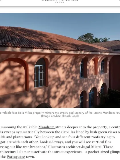Another excerpt from the Design Pataki feature, explaining how the vehicle-free, walkable streets of Baia Villas mirror the serene scenery of Mandrem town, with vertical fins curving out like tree branches.