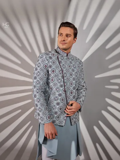 This shot highlights the statement-making power of a beautifully printed and layered Indo-Western jacket.