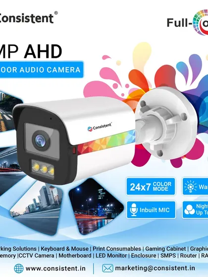 We present our 5MP AHD Outdoor Audio Camera, which captures high-definition video with clear, inbuilt audio. It operates in full color 24/7, supported by warm light technology for night vision up to 20 meters, making it an excellent choice for all-weather surveillance.