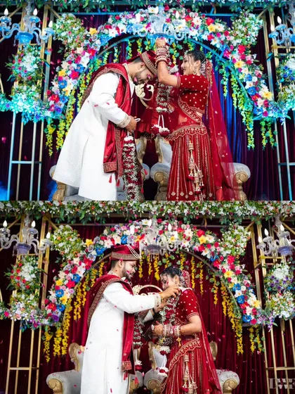 The Varmala ceremony under a beautifully decorated floral arch. This collage captures the joy and celebration of the moment.