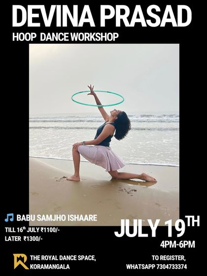 Poster for our Hoop Dance workshop with Devina Prasad. Don't have a hoop? No worries, we provide them for everyone in the class.