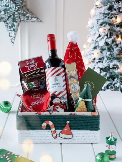 The fully assembled 'Jolly Feast' hamper, a perfect blend of treats and festive cheer for the holiday season.