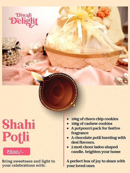 The "Shahi Potli" Diwali hamper, a perfect box of joy with choco chip cookies, cashew cookies, and moti choor ladoo shaped chocolates.