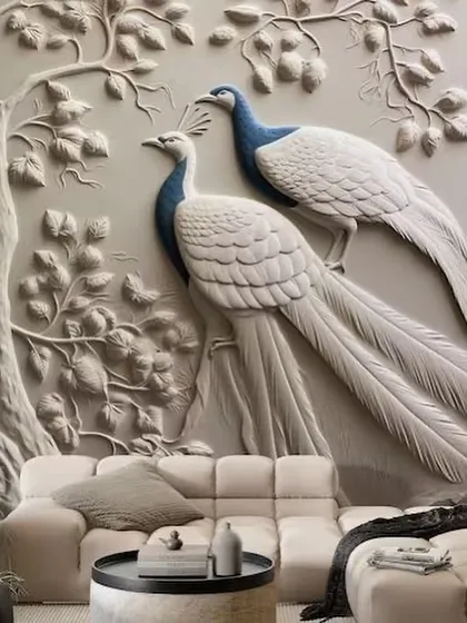 A unique 3D embossed wallpaper of two white peacocks on a tree. The monochrome design is subtle yet incredibly detailed and sophisticated.