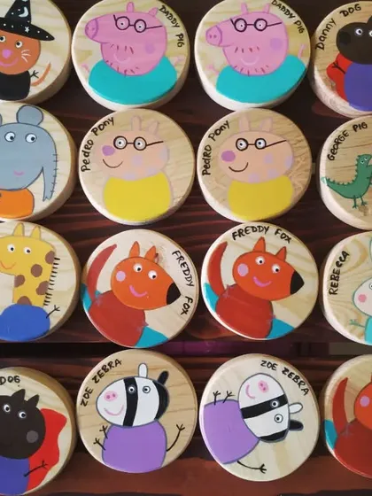More characters from our hand-painted Peppa Pig memory game, laid out to show the full, colorful collection.