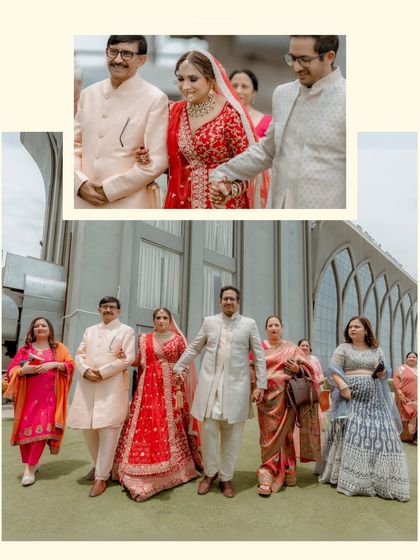 A collage showing the bride's entry with her family, a touching moment that highlights the importance of familial bonds.