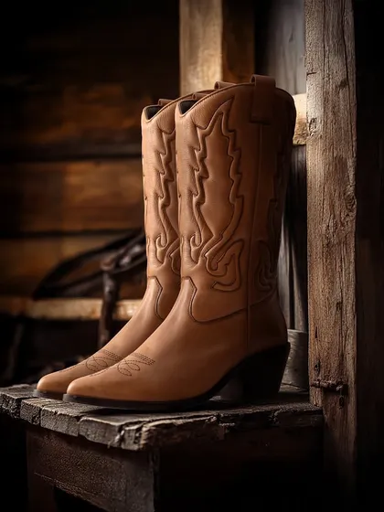 A moody shot of light brown cowboy boots against a dark, wooden background. The focused lighting creates a sense of drama and timelessness, perfect for a heritage brand.