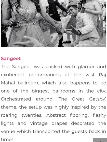 A glimpse into a 'Great Gatsby' themed sangeet we choreographed, as featured in an article. The event was packed with glamour and exuberant performances in one of the city's biggest ballrooms.