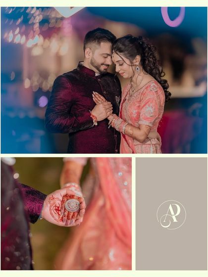 A collage telling the story of Alankrit and Parul's ring exchange. The top frame shows their loving embrace, while the bottom frames focus on the symbolic detail of the ring.