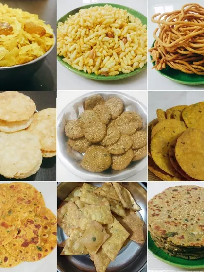 This picture gives you a glimpse of the wide variety of dry and fresh snacks I prepare. It features everything from Poha Chevda and Mamra to Farsi Puri, Bajra Vada, and different types of Thepla.