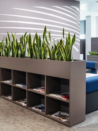 This custom planter doubles as a magazine rack and a space divider in a waiting area. It's a perfect example of our functional biophilic designs that blend beauty with utility.