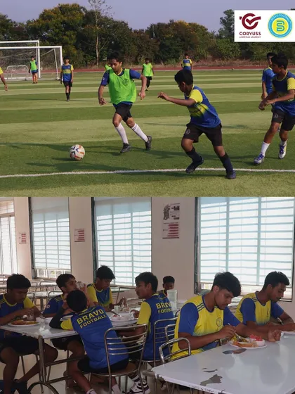 A split view of players in an intense on-pitch drill and then refueling together in the dining hall. This highlights the structured day of a residential athlete, from training to proper nutrition.
