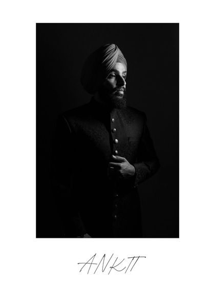 A powerful black and white portrait of the Sikh groom in his traditional attire. My groom portrait sessions are designed to be stylish and timeless.