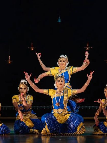 A beautiful group formation during an Allaripu performance at Nrithya Milanam 2022. The Allaripu is the invocatory piece, symbolizing the blossoming of the dancer and the art.