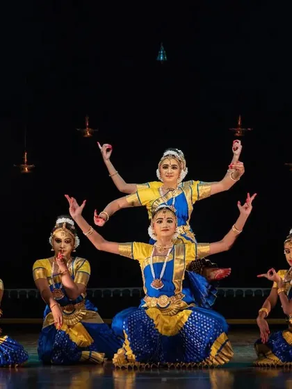 A beautiful group formation during an Allaripu performance at Nrithya Milanam 2022. The Allaripu is the invocatory piece, symbolizing the blossoming of the dancer and the art.