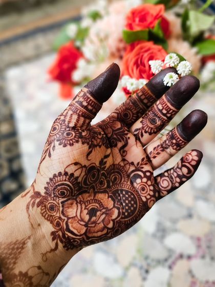A close-up of a beautiful floral stain, with delicate white flowers for contrast.