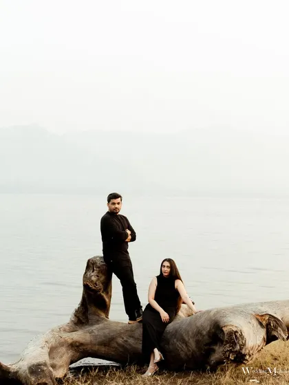 A stylish portrait of a couple posing on a large driftwood log by the water. The composition is strong and balanced, creating a modern and artistic pre-wedding photo.