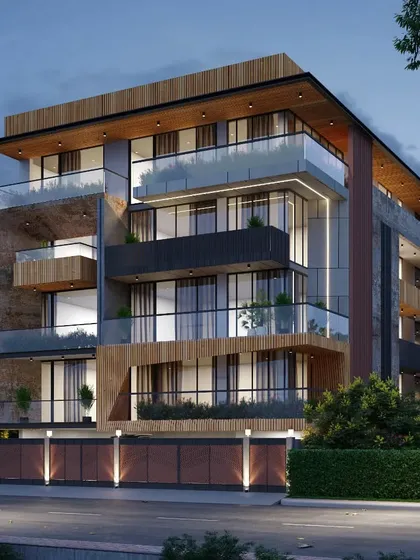 A 1000 square yard residential building that uses a mix of wood, stone, and glass. The design features deep balconies to provide shaded outdoor spaces for each floor.
