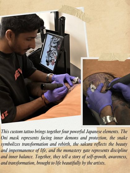 "This custom tattoo brings together four powerful Japanese elements... they tell a story of self-growth, awareness, and transformation." The client explains the deep meaning behind his sleeve.