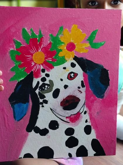 Another take on our popular Dalmatian painting, this time with a vibrant pink background. It's fun to see how a simple color change can alter the mood of a piece.