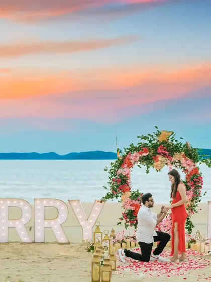 A breathtaking sunset proposal on a Goan beach. We help plan and capture these once-in-a-lifetime moments, turning them into timeless memories.