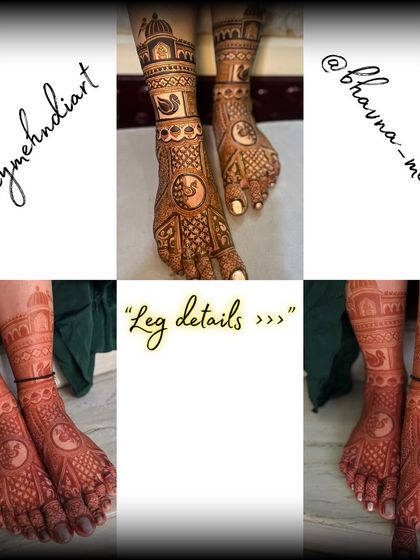 Intricate bridal leg mehndi details. We ensure every part of the bridal design, from hands to feet, is perfectly executed with beautiful motifs like peacocks.