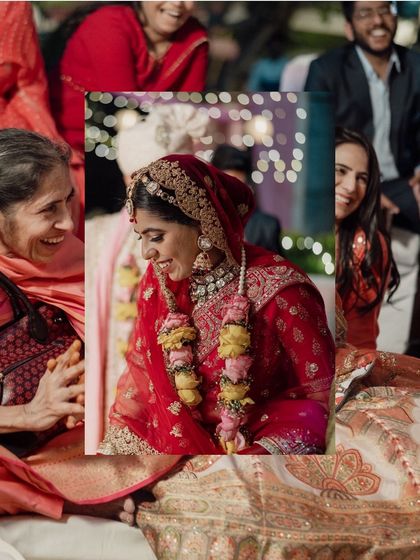 A collage capturing the bride's smiles and the loving atmosphere of her wedding ceremony, surrounded by family.