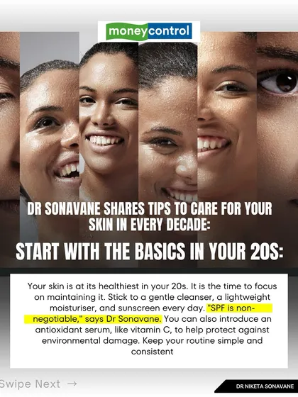 As I shared with Moneycontrol, your skincare priorities change with each decade. In your 20s, your skin is at its healthiest, so the focus should be on the basics: a gentle cleanser, a lightweight moisturizer, and non-negotiable daily SPF.