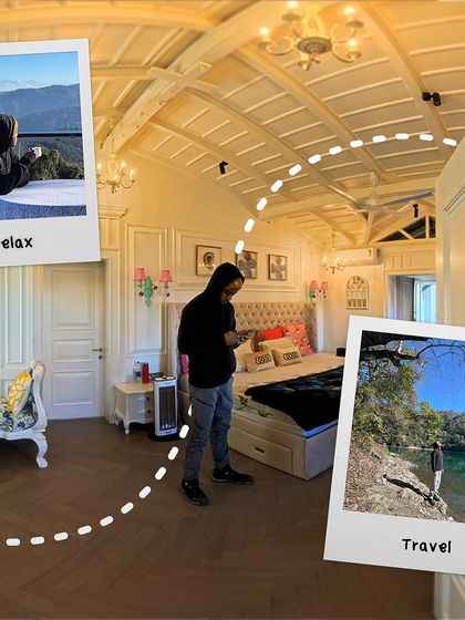 Showcasing the luxurious interiors and relaxing atmosphere of a mountain homestay. This image combines views of the bedroom with snapshots of travel and relaxation, telling a complete story of a perfect getaway.