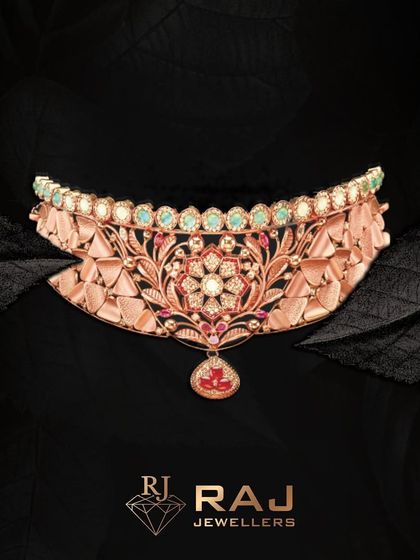 There's nothing quite like the feeling of wearing this beautiful rose gold choker. The piece is handcrafted with intricate floral details, rubies, and a row of light green stones, designed to bring joy and sophistication to your life.