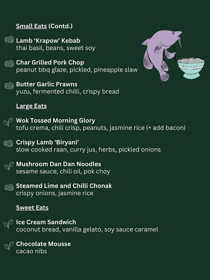 The large eats and dessert menu from Grumps, Goa, featuring items like Crispy Lamb 'Biryani' and an Ice Cream Sandwich with soy sauce caramel.