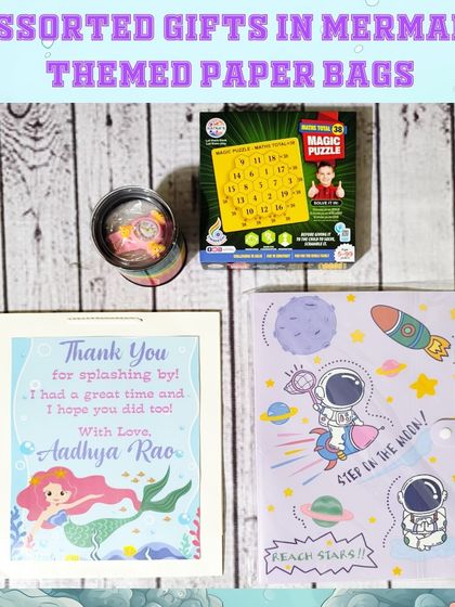 This mermaid-themed hamper includes a personalized paper bag, a space-themed file folder, a kaleidoscope, and a magic puzzle, showing how I can mix and match items.