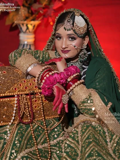 Posing with props like this ornate chest adds a story to the image. The makeup, with its bold lip and defined eyes, holds its own.