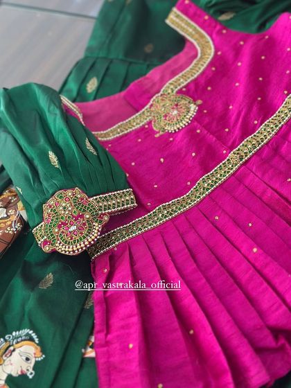 The intricate handwork on the sleeve cuff of the kids' blouse, featuring kemp stones and beadwork that matches the richness of the hand-painted skirt.