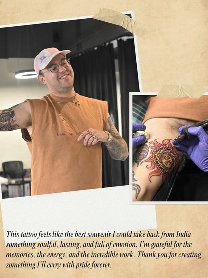 "This tattoo feels like the best souvenir I could take back from India something soulful, lasting, and full of emotion." A happy client with his new, meaningful art.