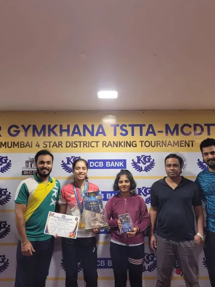 Our team celebrating Ananya Chande's U-19 title win at the 4-Star District Ranking Tournament at Khar Gymkhana. Her victory was the result of a stellar performance.