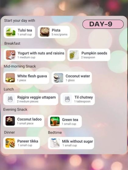 Here is a sample of my 9-day Navratri Fasting Plan for weight loss, showing the meal plan for Day 9. It's designed to be balanced, nutritious, and help you stay energized while achieving your health goals.