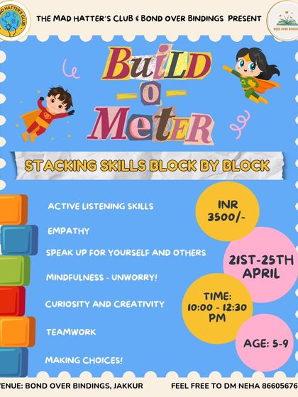 A poster for our "Build-O-Meter" skills workshop summer camp. Through roleplay, puppet exercises, and art, kids learned about active listening, empathy, and making choices in a fun, interactive way.