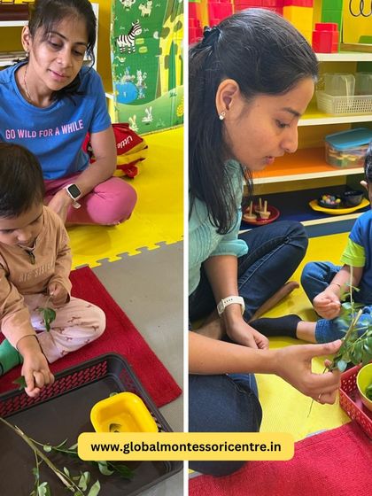 Our playgroup children, accompanied by their parents, engage in plucking curry leaves. This activity hones fine motor skills and teaches them about fresh ingredients.