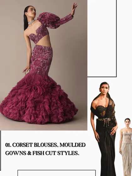 An overview of maximalist cocktail trends, featuring corset blouses, moulded gowns, and fish-cut styles that are set to dominate in 2025.