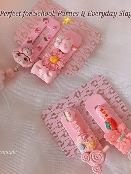 Another look at my pink hair clip collection, perfect for any occasion. The dangling pom-poms add an extra touch of fun.