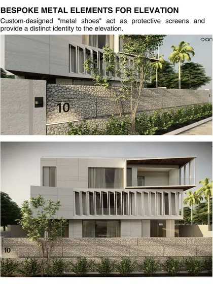 Custom-designed 'metal shoes' act as protective screens on this facade. Meticulously angled to direct airflow, they serve both an aesthetic and functional purpose, showcasing our focus on engineered craft.