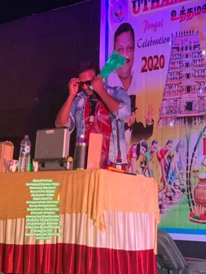 Performing on stage during a Pongal celebration. I customize my shows to fit the theme and energy of any cultural festival or corporate event, ensuring the entertainment feels right for the occasion.