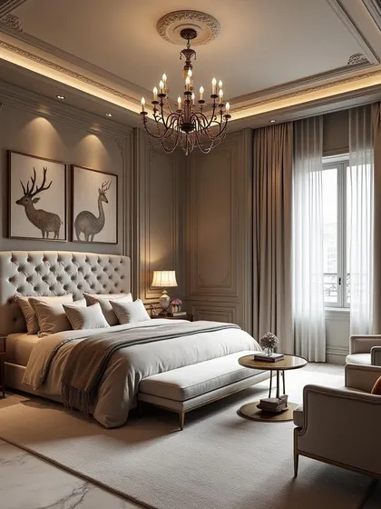 A more muted and serene take on neoclassical design, with a soft grey palette, classic wall paneling, and curated artwork.