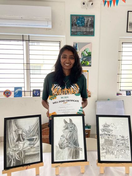 This student's three sketches show a wonderful range of subjects, from still life to architecture, all completed in our 8-week course.