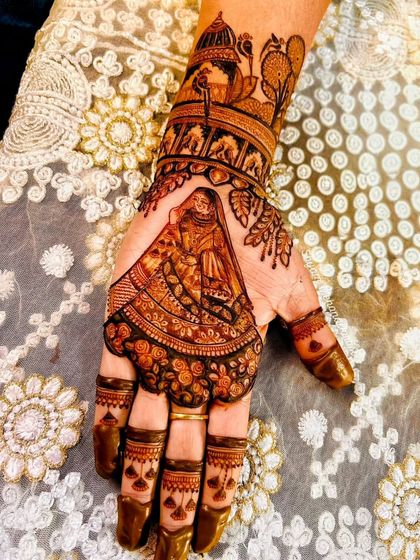 A classic bridal portrait on the palm, capturing the grace of the bride in her wedding attire.