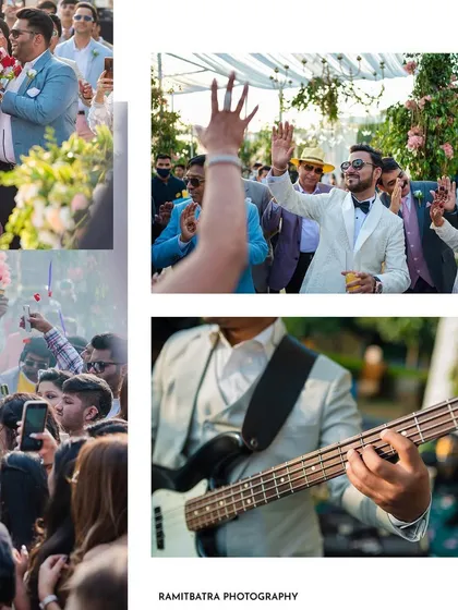 A collage capturing the lively atmosphere of a day party, with guests dancing and a live band playing.
