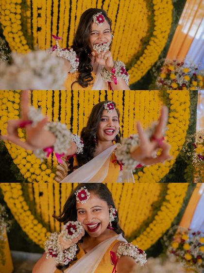 A collage of a bride's playful and happy portraits from her Haldi ceremony.