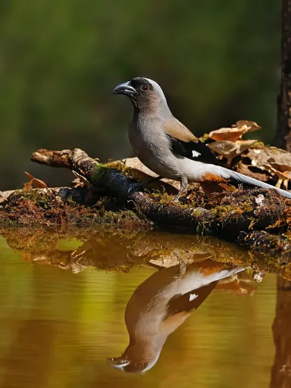 A Gray Treepie pauses at the edge of a water body, its perfect reflection captured in the still, golden-hued water. This composition showcases not only the bird but also its interaction with the serene environment, creating a balanced and artistic wildlife photograph.
